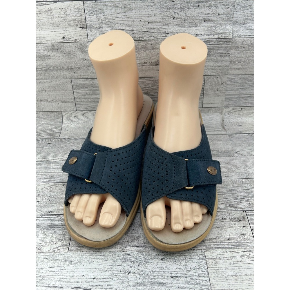 FLY FLOT Women Navy Blue Leather Perforated Slide Sandals Comfort Sz EU 39 US‎ 8